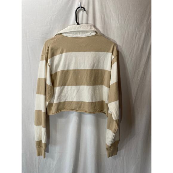NWT Brandy Melville Beige & White Cropped Long Sleeve Rugby Polo OS 100% Cotton - Picture 4 of 7